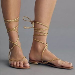 NWT Anthropologie metallic tie up sandals gold